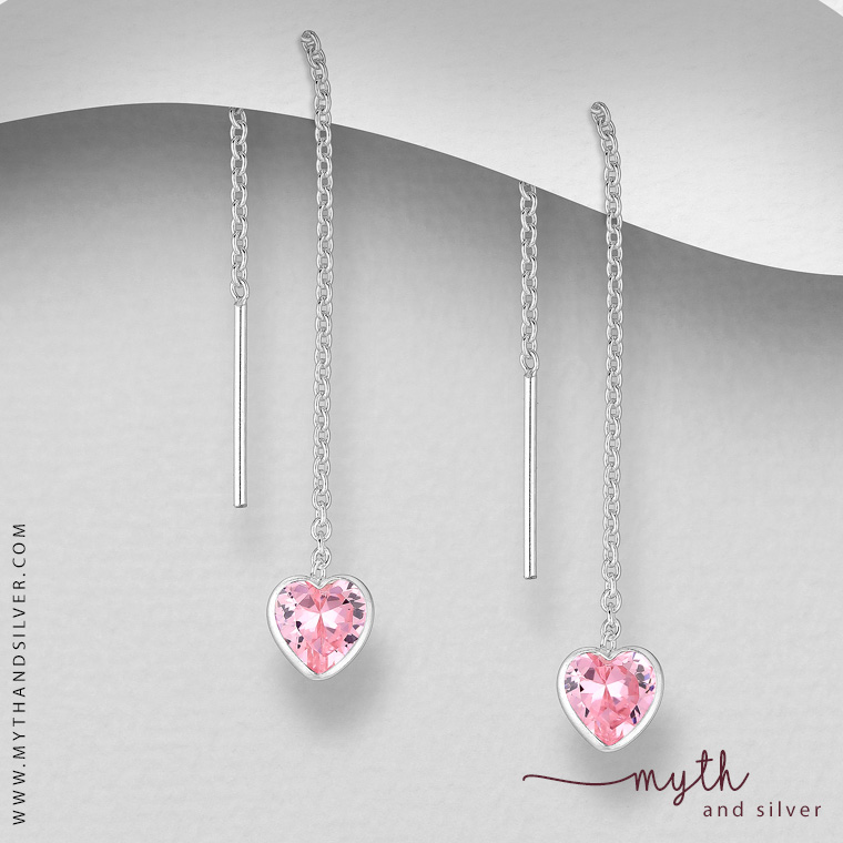 925 Sterling Silver Pink CZ Heart Threader Earrings | Myth and Silver